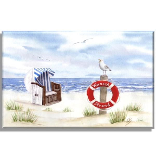 Leinwand 40 x 30 cm Keilrahmen Canvas-Leinen Aquarell Maritim Kunst Druck Kunstdruck Nordsee Cuxhaven Strandkorb Strand Meer Möwe